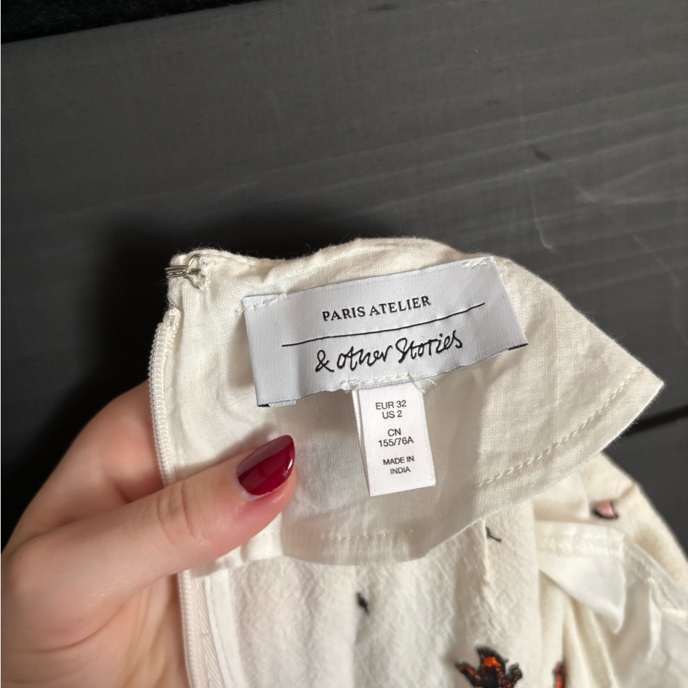 & Other Stories Cream Linen Blend Mini Dress with Pink/Orange/Black Accents - Picture 4 of 4